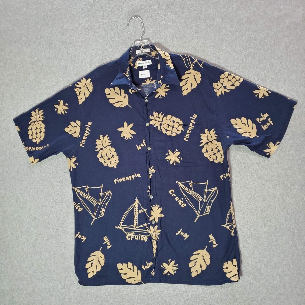 VINTAGE Pierre Cardin Men Button Up Shirt Large Blue Pineapple Leaf‎ Palm Cruise